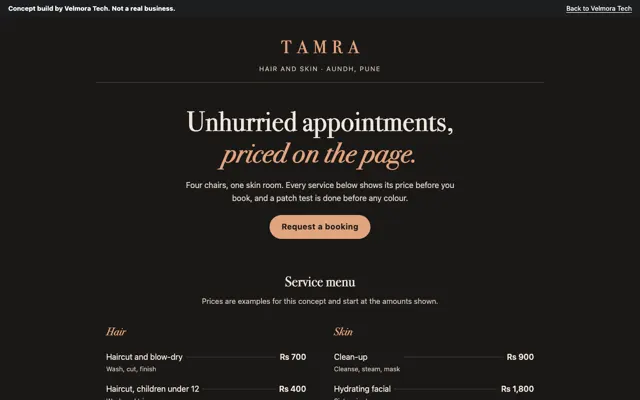 Concept salon site: the Tamra Hair and Skin heading above a priced service menu.